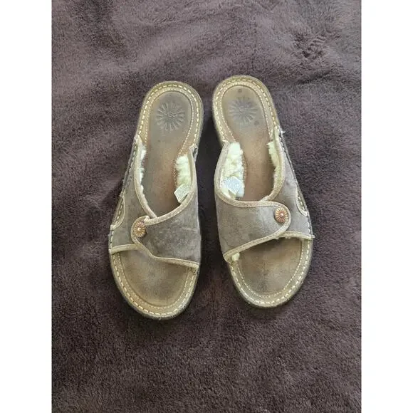 UGG Kalama Sandals Slides 1793 Brown Suede Sheepskin Shearling Lining Women's 9 - Picture 3 of 8